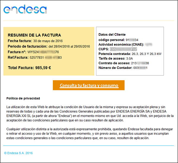 Endesa alerta de un falso correo electrónico que contiene un virus|Correo falso Endesa|Correo falso Endesa|